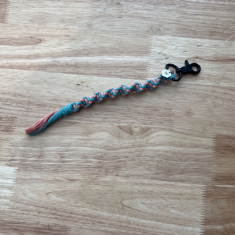 Handmade‎ Macrame Boho Surfer Pink And Teal Keychain With Charm